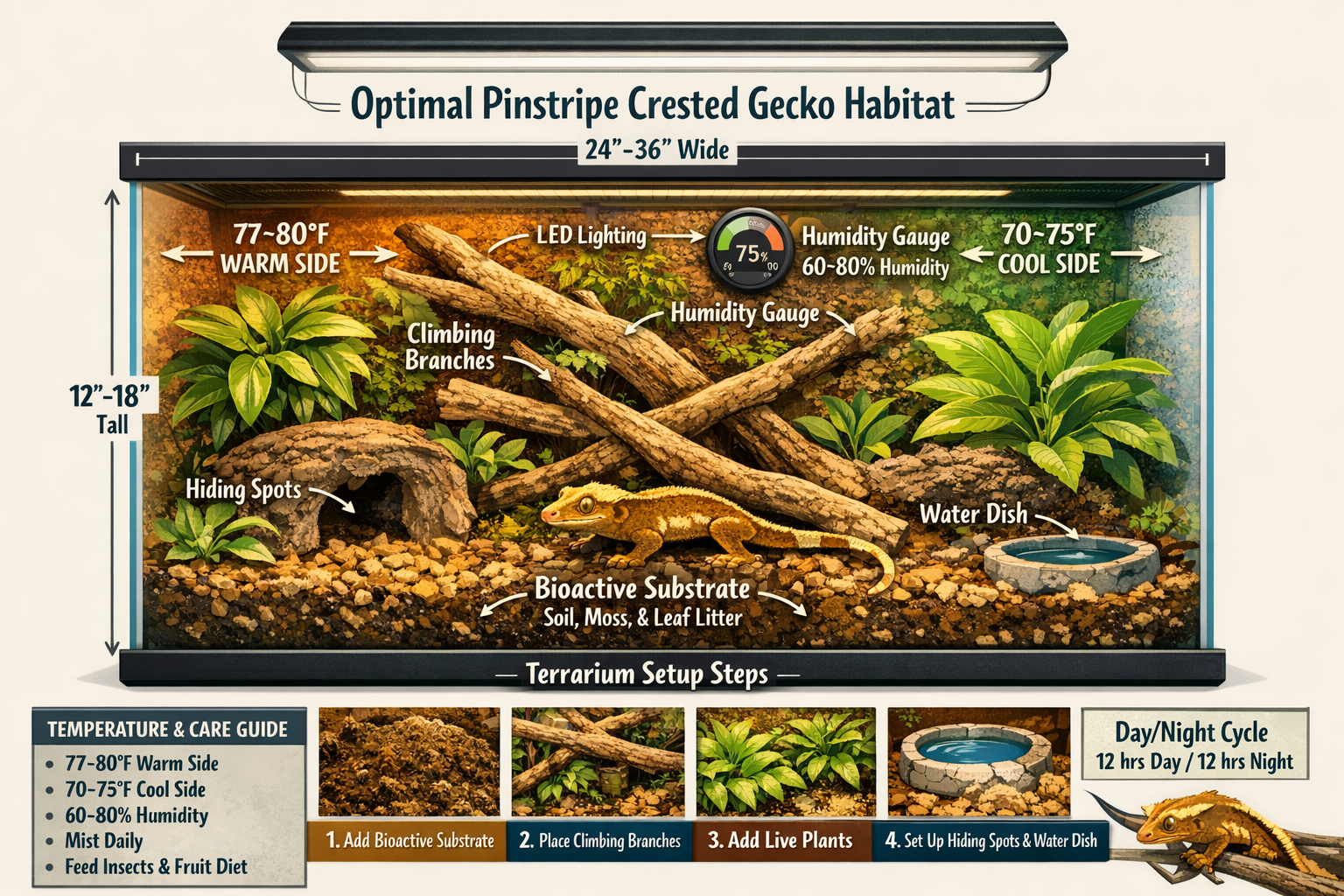 Comprehensive landscape format (1536x1024) terrarium setup diagram showing optimal pinstripe crested gecko habitat with labeled components: 