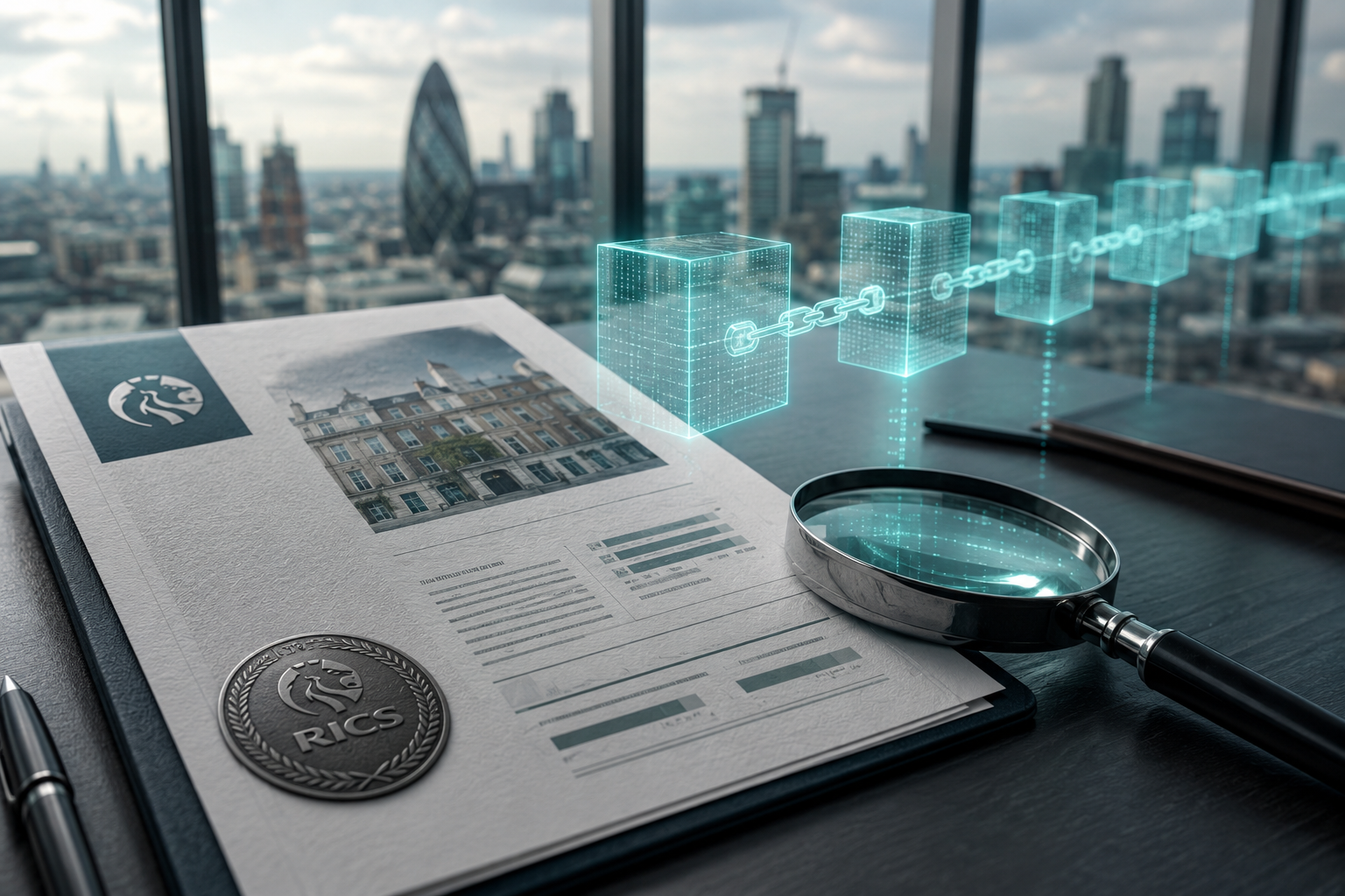 () close-up editorial image of a RICS-certified property valuation report resting on a desk, with a transparent blockchain