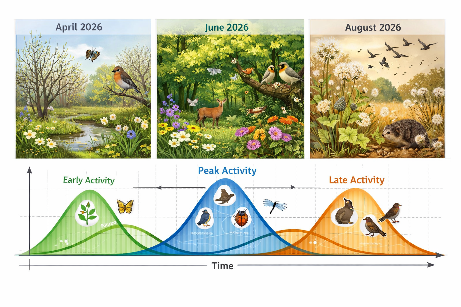 () detailed illustration showing temporal biodiversity monitoring concept with three-panel seasonal progression display.