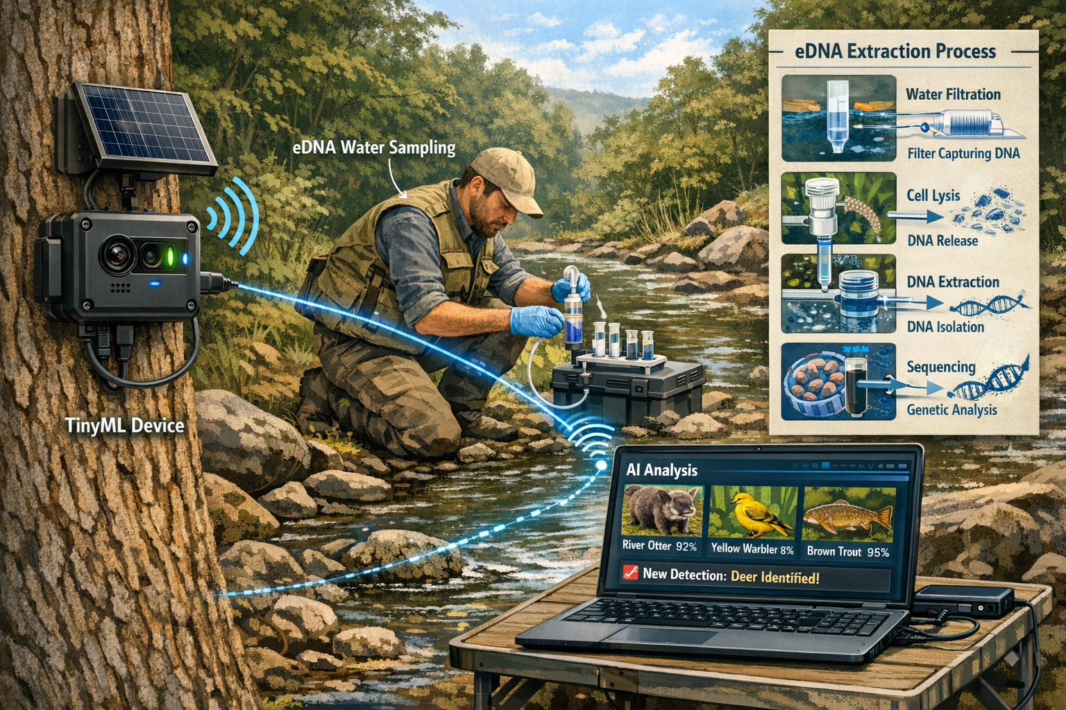 () technical illustration showcasing advanced biodiversity monitoring technologies in field deployment scenario. Foreground