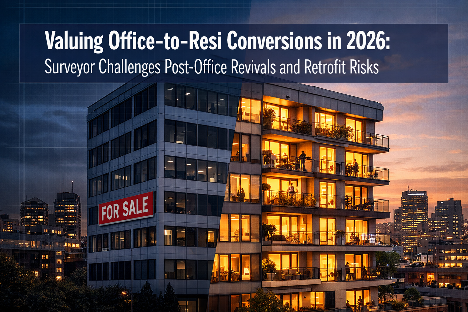 Professional () hero image featuring 'Valuing Office-to-Resi Conversions in 2026: Surveyor Challenges Post-Office Revivals