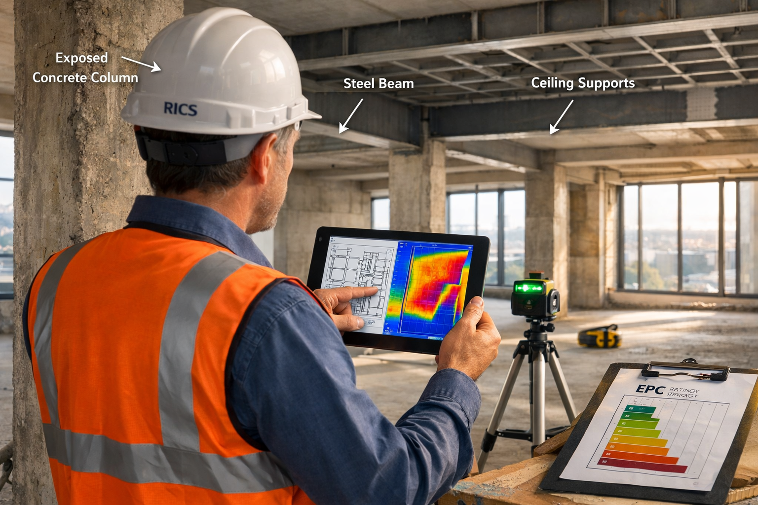 () editorial image showing professional RICS chartered surveyor in hard hat and high-visibility vest conducting detailed