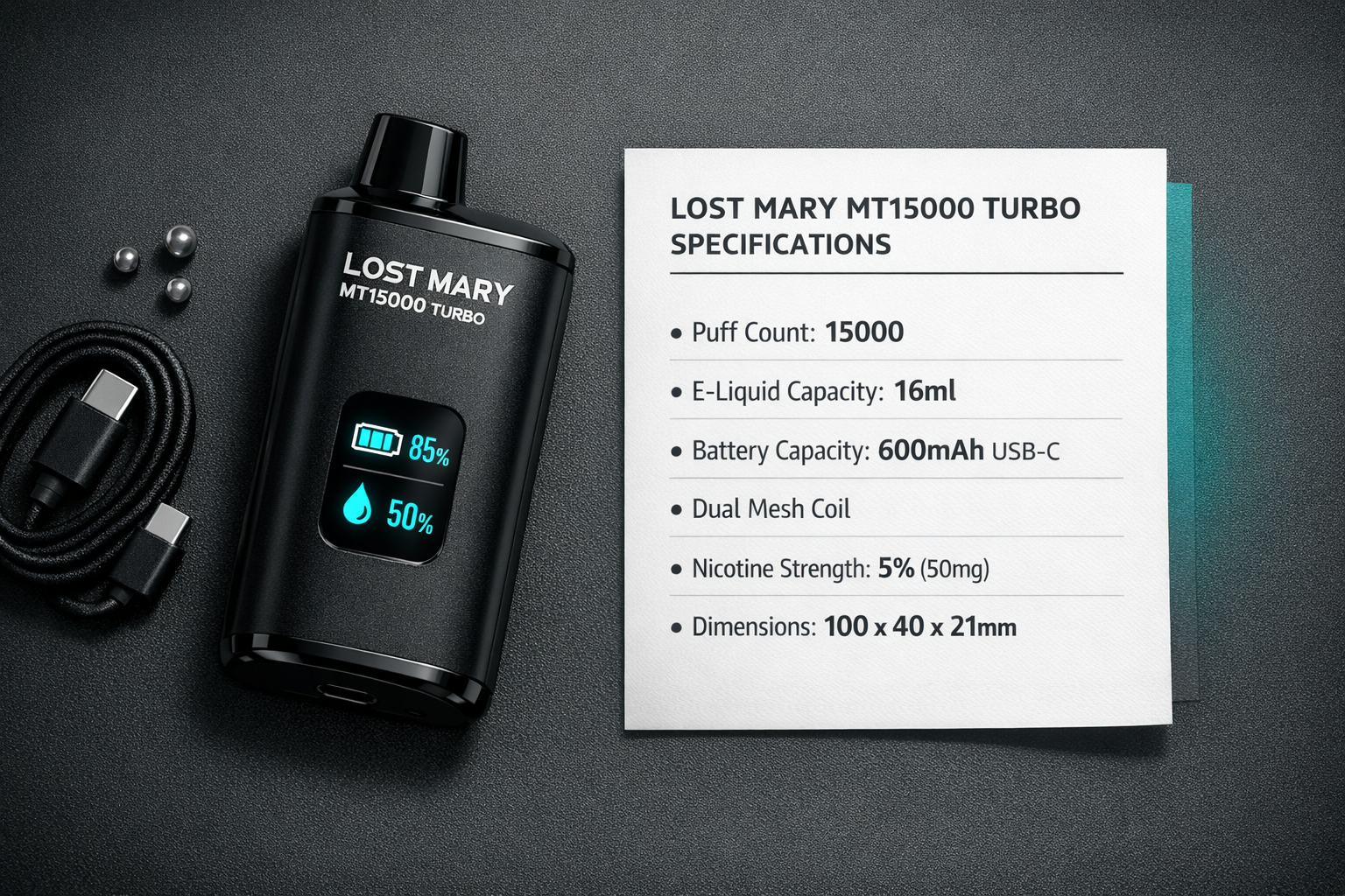 Flat lay product photography () showing the Lost Mary MT15000 Turbo disposable vape device from above on a clean dark