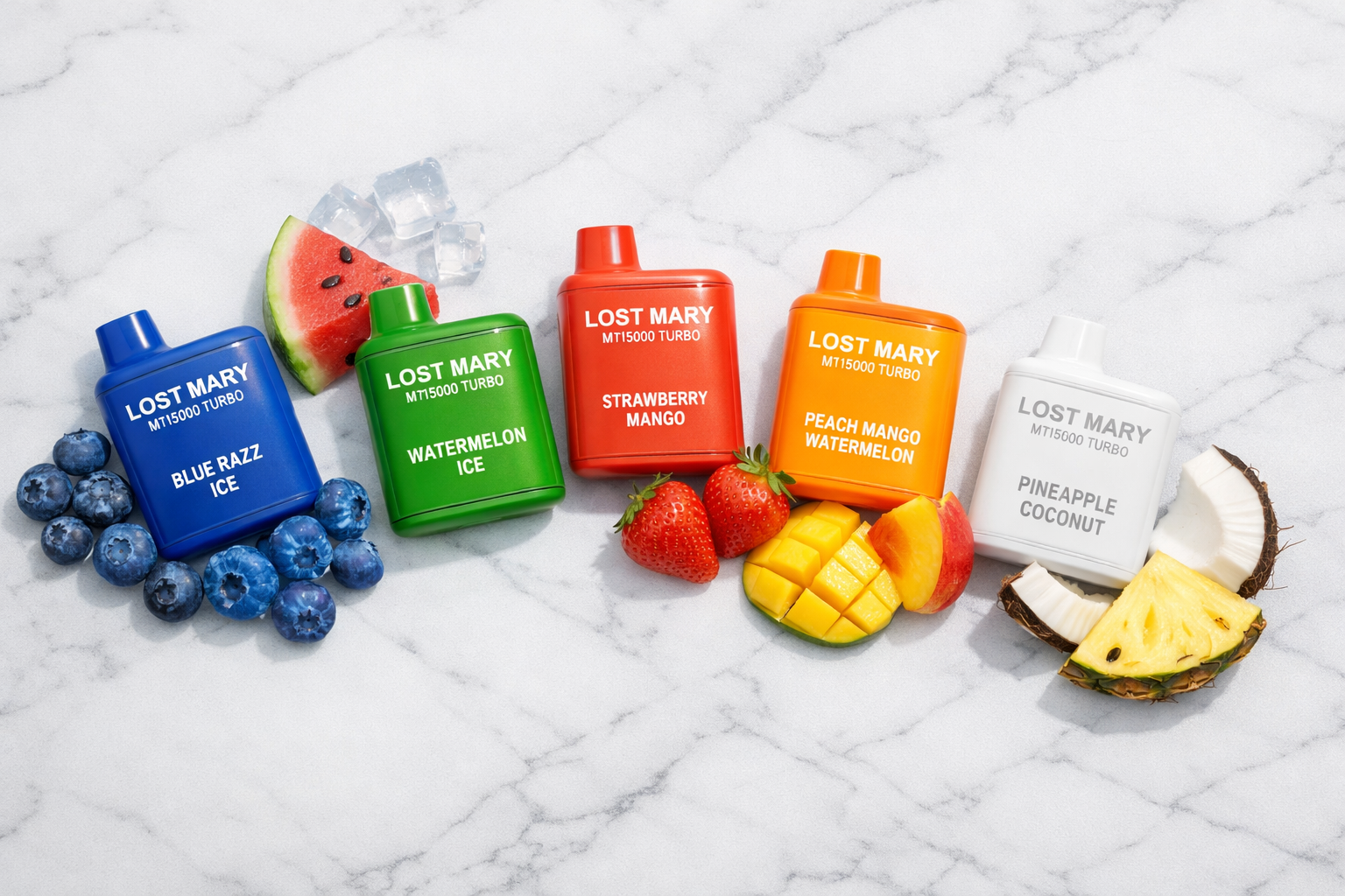 Overhead () flat lay of multiple Lost Mary MT15000 Turbo flavor variants arranged in a color-coded arc on a white marble