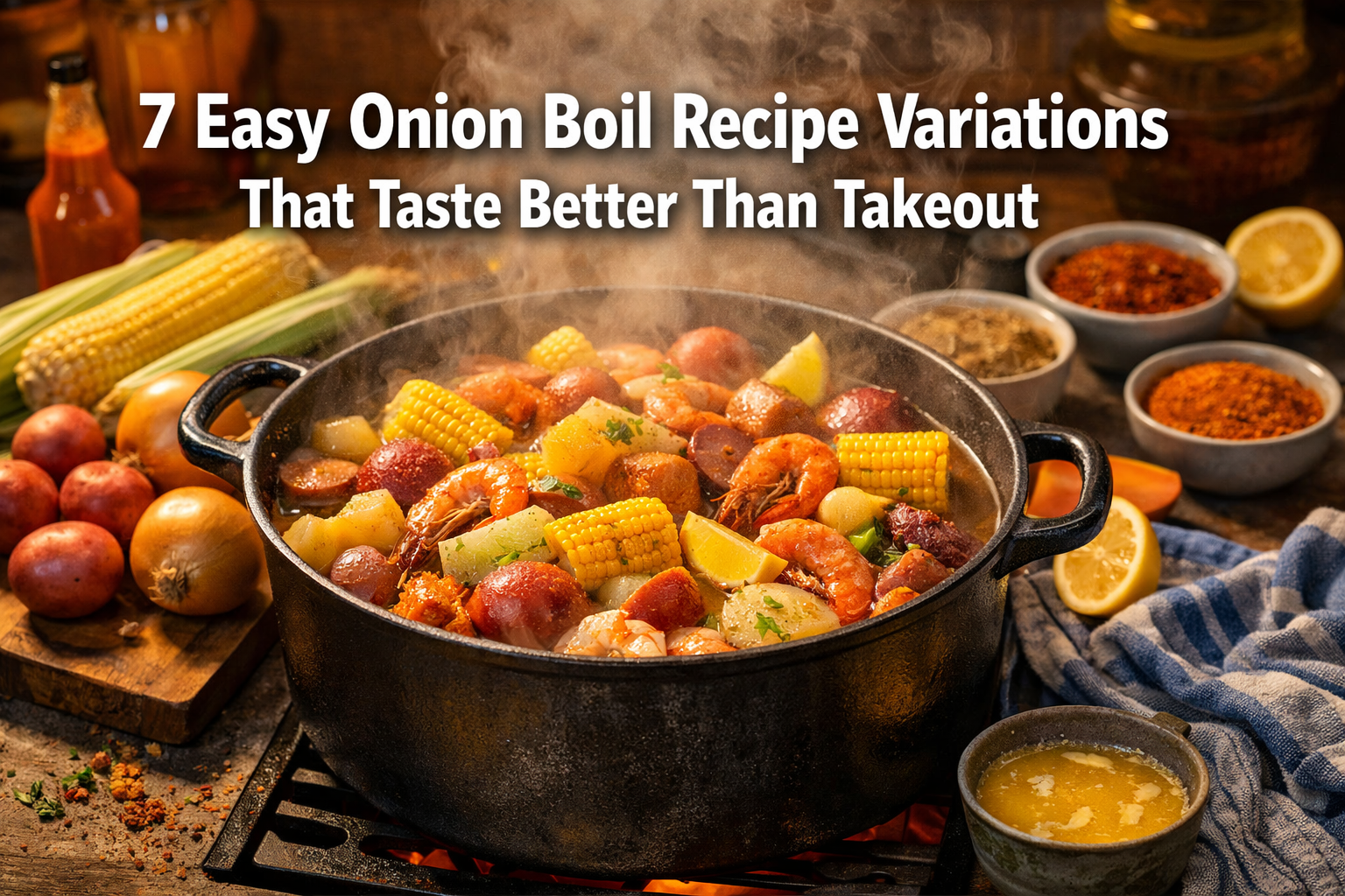 Professional landscape hero image (1536x1024) featuring bold text overlay '7 Easy Onion Boil Recipe Variations That Taste Better Than Takeou