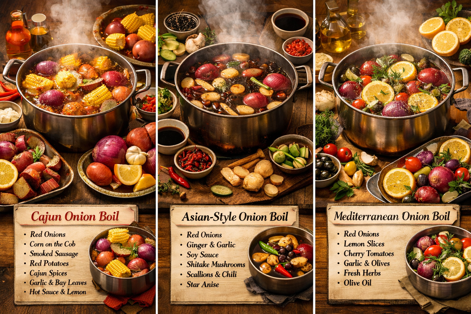 Detailed landscape image (1536x1024) showing step-by-step onion boil preparation with multiple variations side by side - classic Cajun style