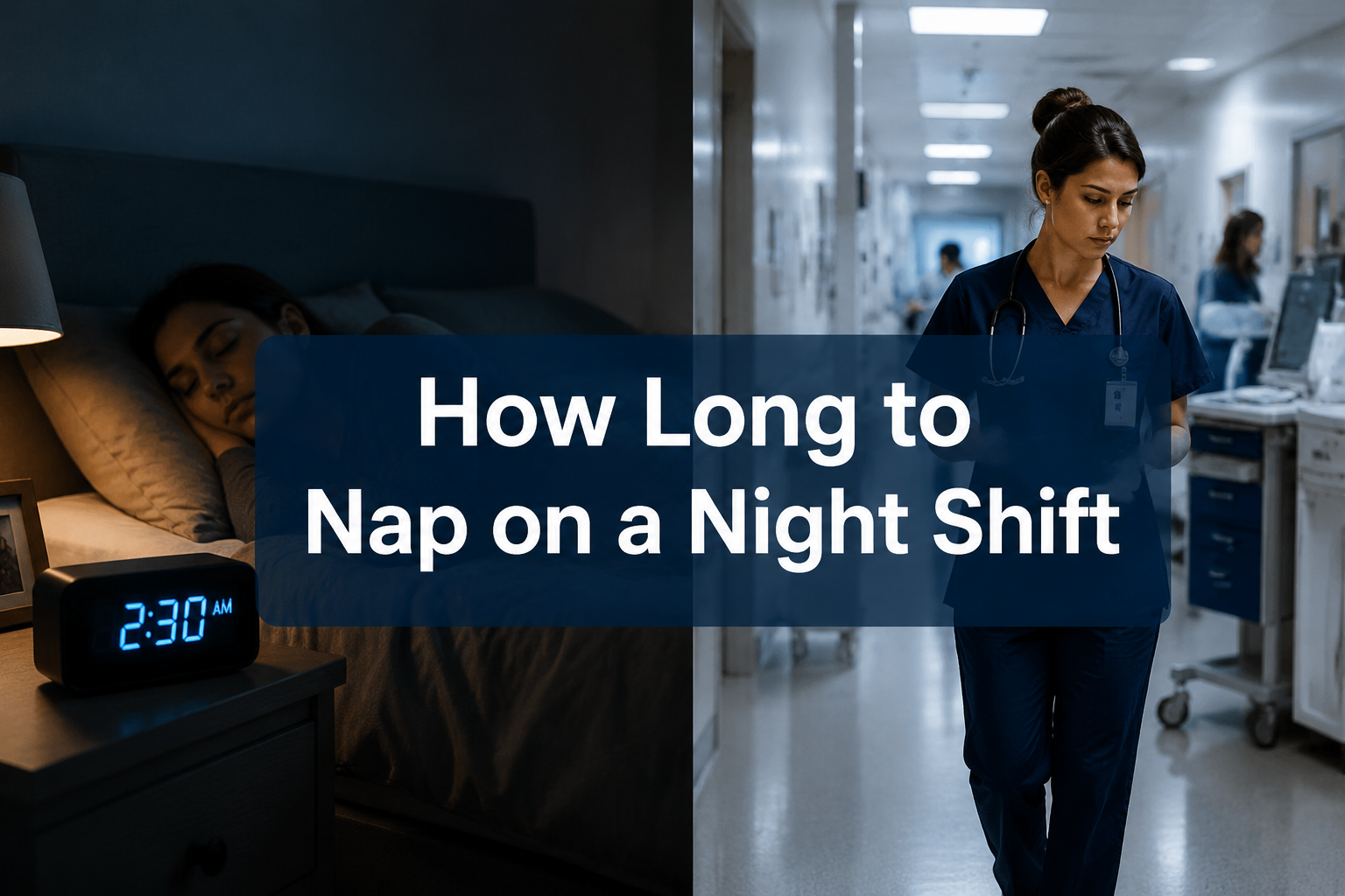 Professional () hero image with the short, : 'How Long to Nap on a Night Shift', in a modern white . The text is centered on