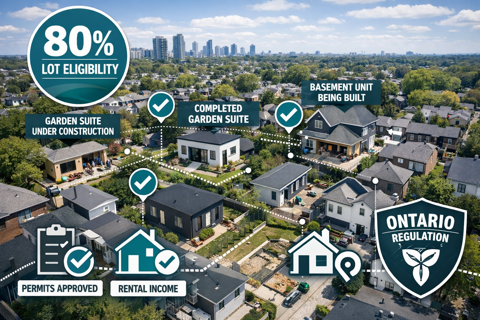 Wide-angle aerial drone view of a Toronto residential neighborhood showing multiple backyard garden suites and legal