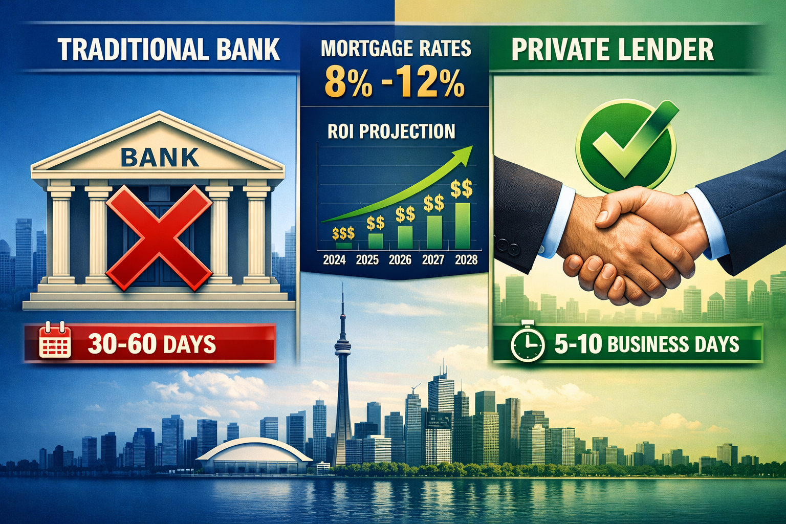 Split-screen financial comparison infographic landscape: left side shows a traditional bank building with red X and 30-60