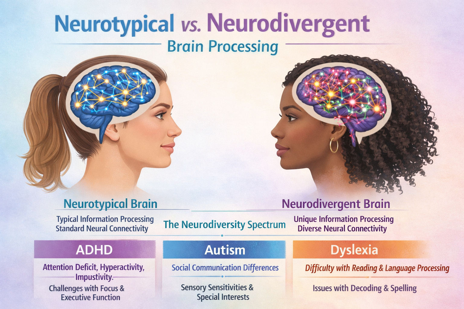 Landscape format (1536x1024) infographic showing brain differences between neurotypical and neurodivergent processing, with feminine silhoue