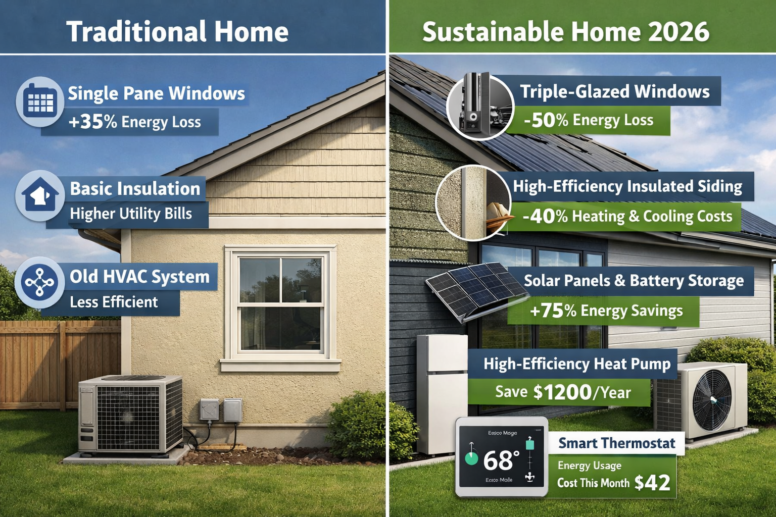 Detailed landscape format (1536x1024) image showing split-screen comparison of traditional home versus sustainable home features. Left side 