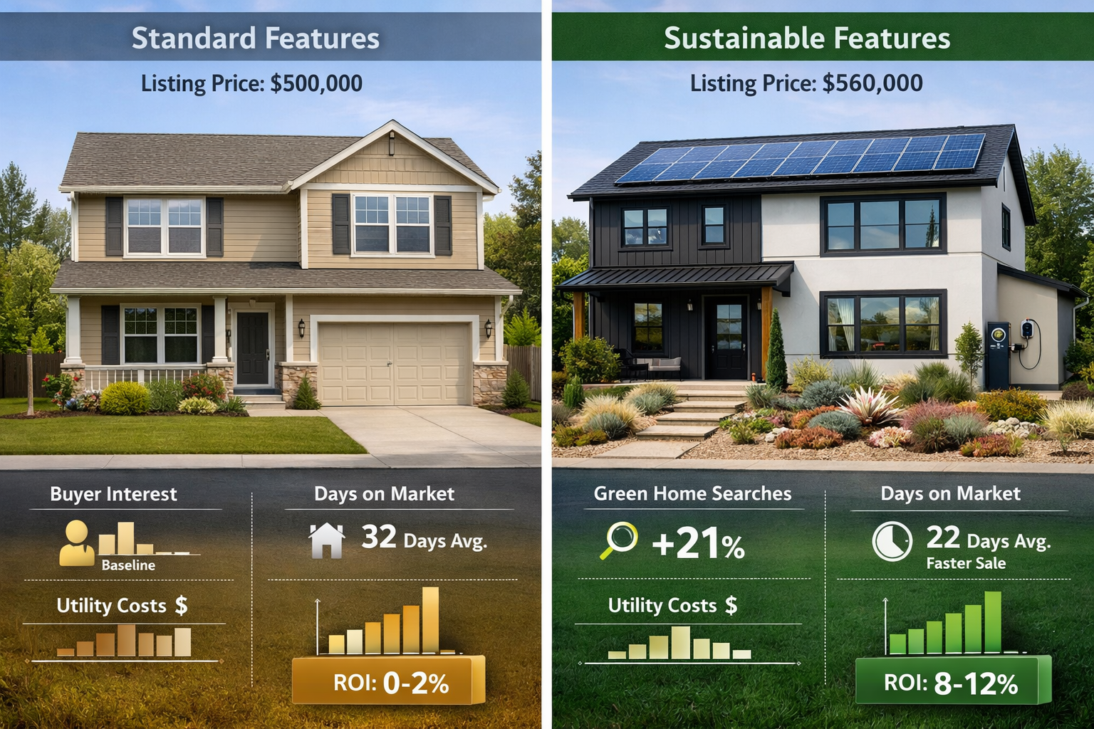 Detailed landscape format (1536x1024) real estate listing comparison showing two similar homes side-by-side with market data overlay. Left h