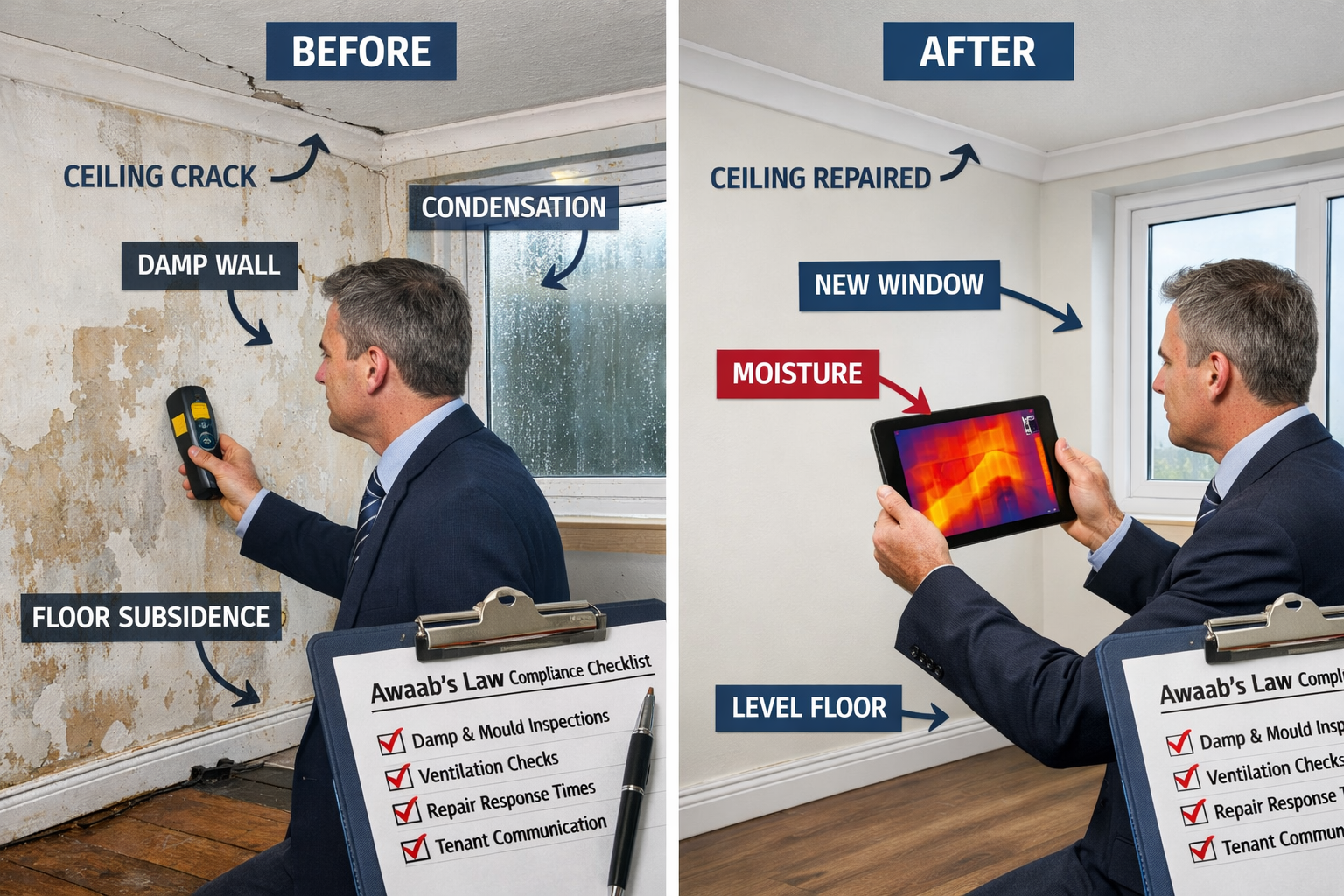 () editorial image showing detailed RICS Level 3 building survey inspection scene inside rental property. Professional