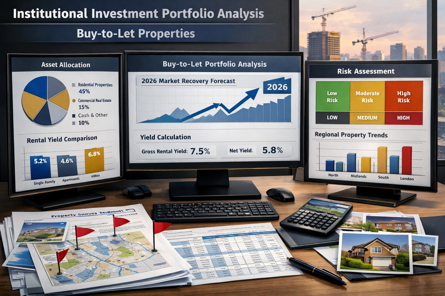 () infographic-style image showing institutional investment portfolio analysis for buy-to-let properties. Central focus on