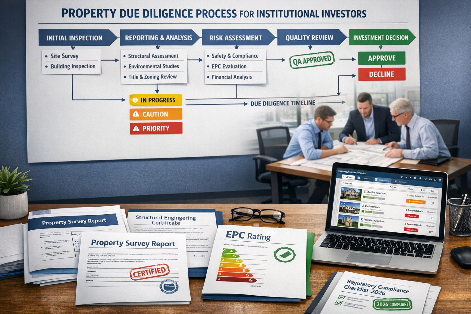 () image showing comprehensive property due diligence workflow for institutional investors. Scene depicts modern surveyor's