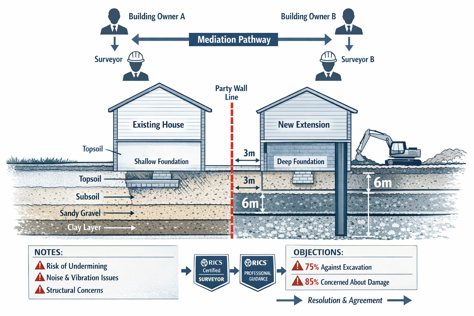 () detailed illustration showing cross-section diagram of two adjoining properties with excavation work, clearly labeled