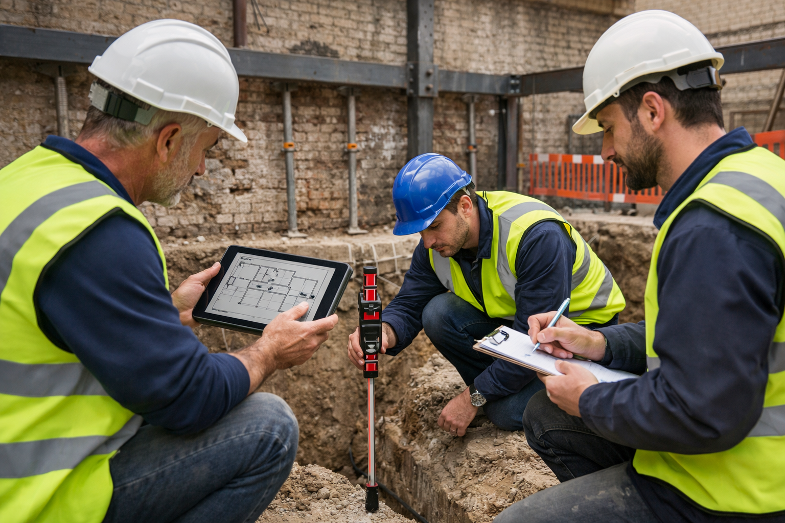 () professional photograph of three surveyors in high-visibility vests and hard hats conducting site inspection at active