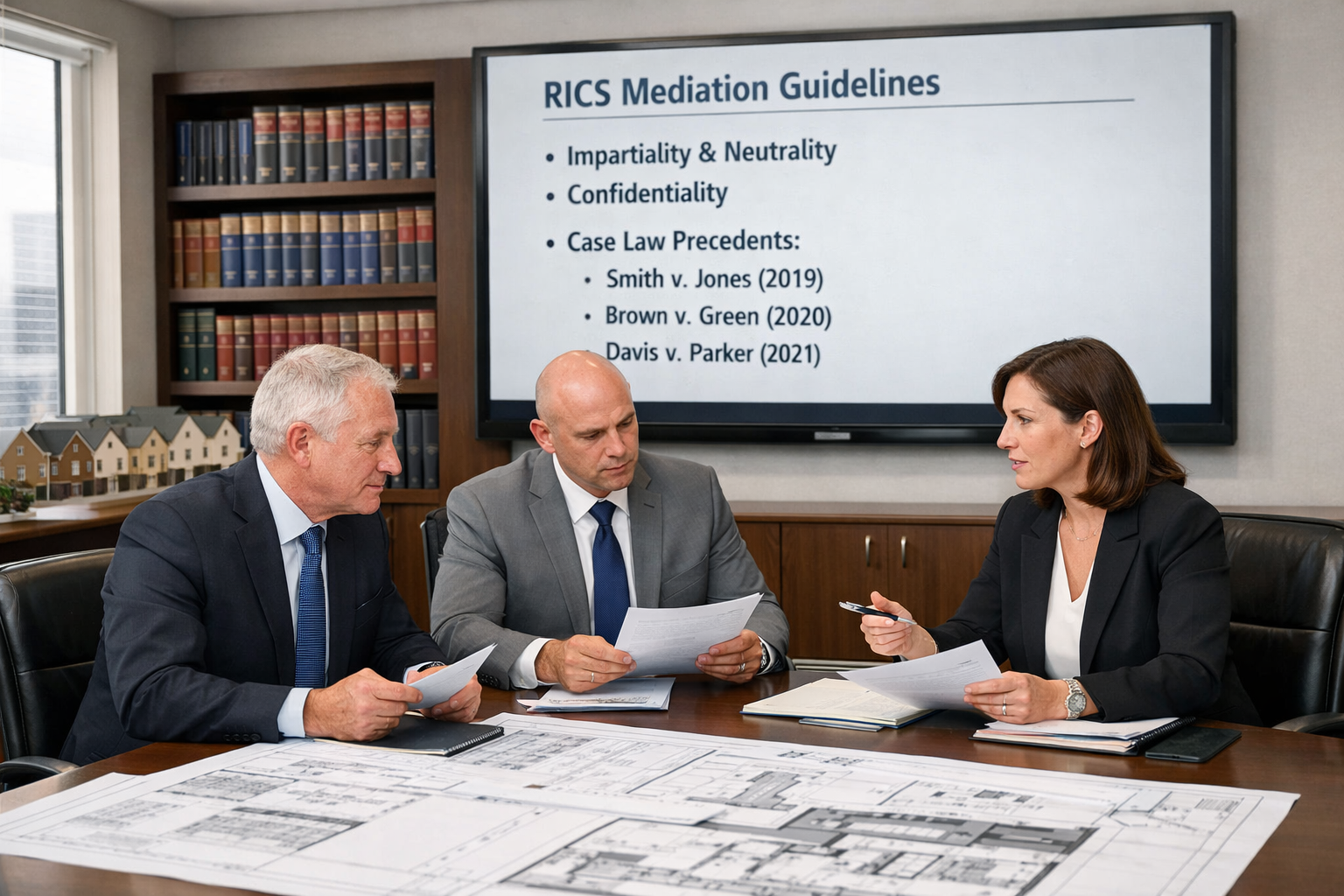 () modern office conference room scene showing mediation meeting in progress, large table with building plans and technical