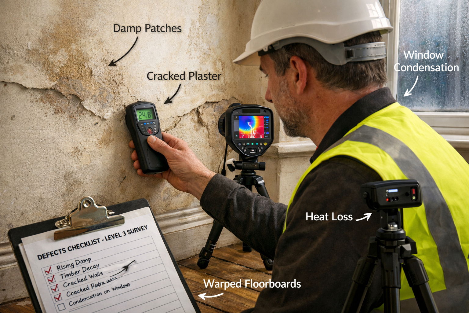 Detailed () editorial image showing close-up interior scene of professional building surveyor conducting Level 3 RICS survey