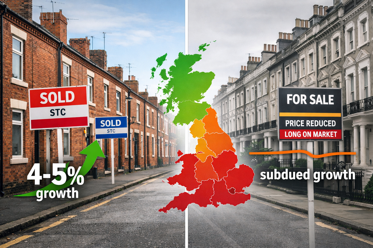 Wide-angle () image depicting UK regional property market disparity concept through split-screen comparison. Left half shows