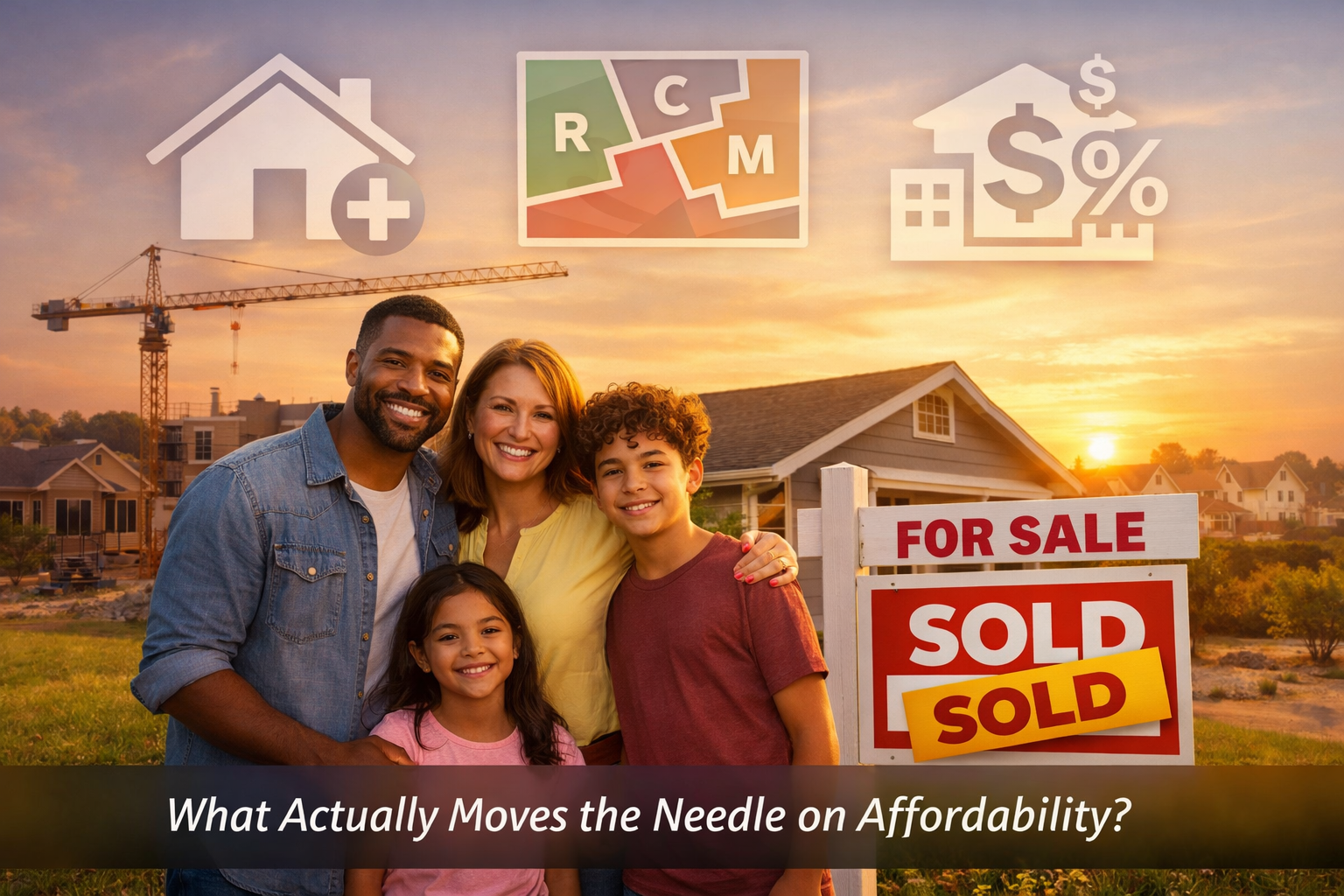Detailed () conceptual image showing a diverse American family standing in front of a modest single-family home with a SOLD