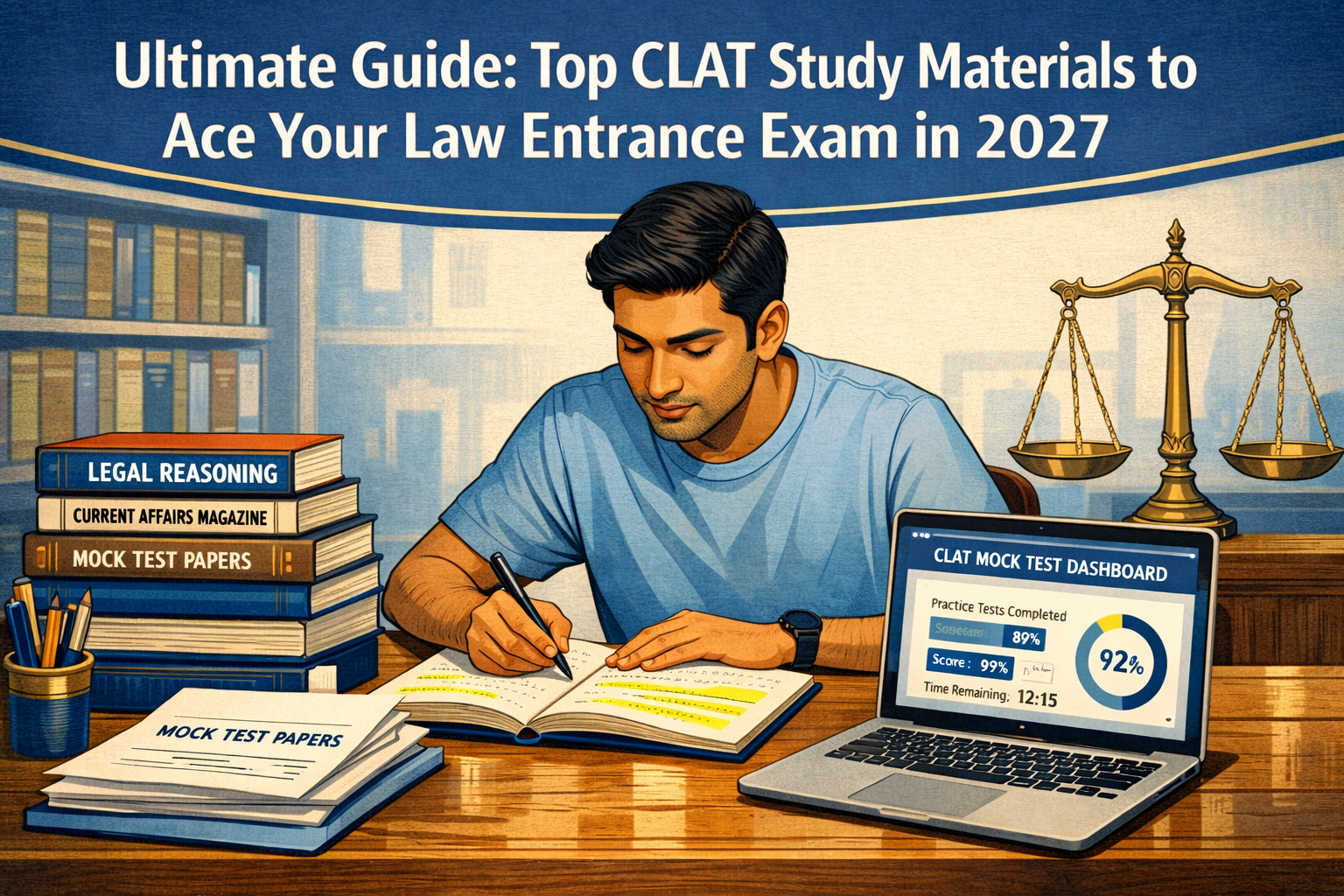 Professional editorial hero image for an education article about CLAT preparation, featuring a focused Indian law aspirant