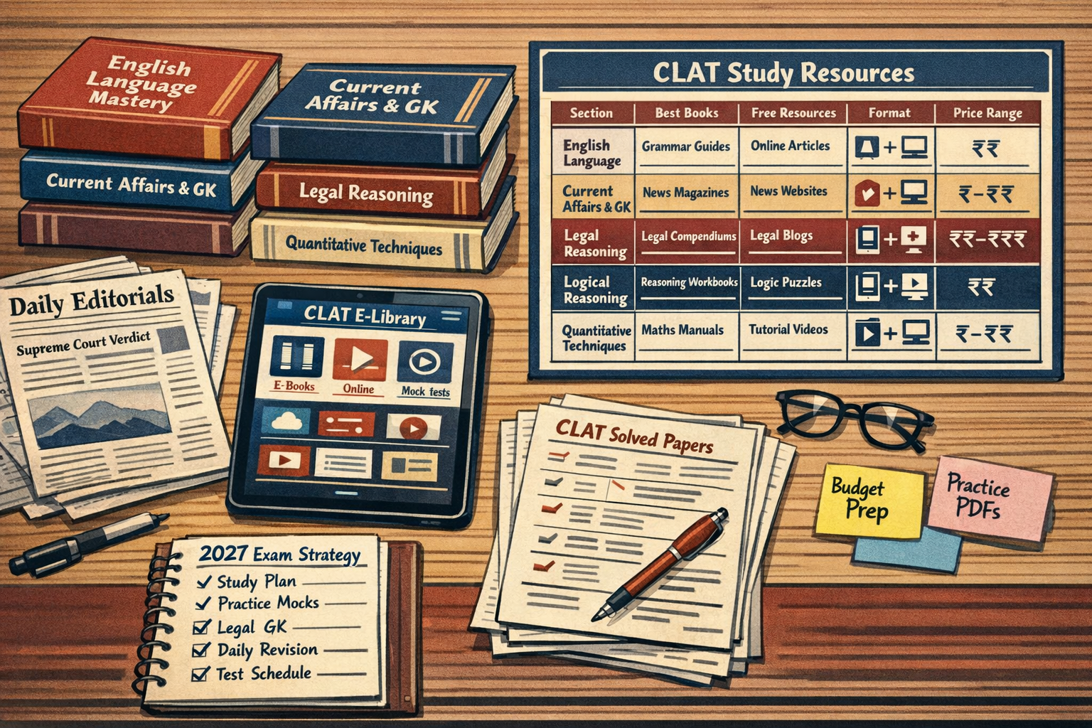 Editorial infographic scene showing a top-down desk layout comparing CLAT study material for all five sections: English