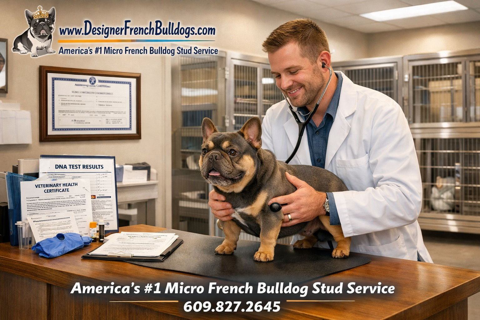 Detailed () showing a professional animal biologist in a clean modern kennel facility examining a healthy compact French
