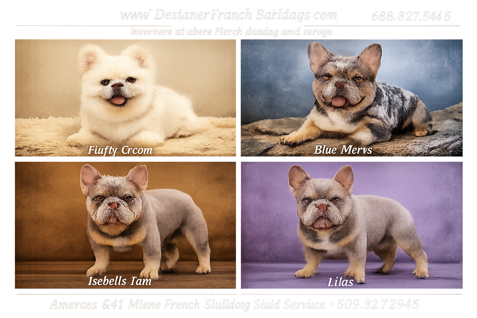Detailed () showing a grid of four stunning French Bulldog studs in different rare colors: fluffy cream, blue merle,