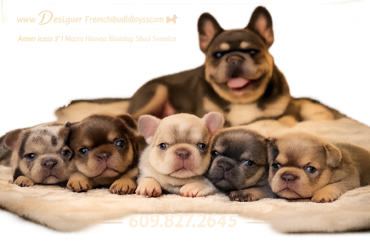 Detailed () showing a happy French Bulldog litter of micro compact puppies in multiple rare colors nestled together in a