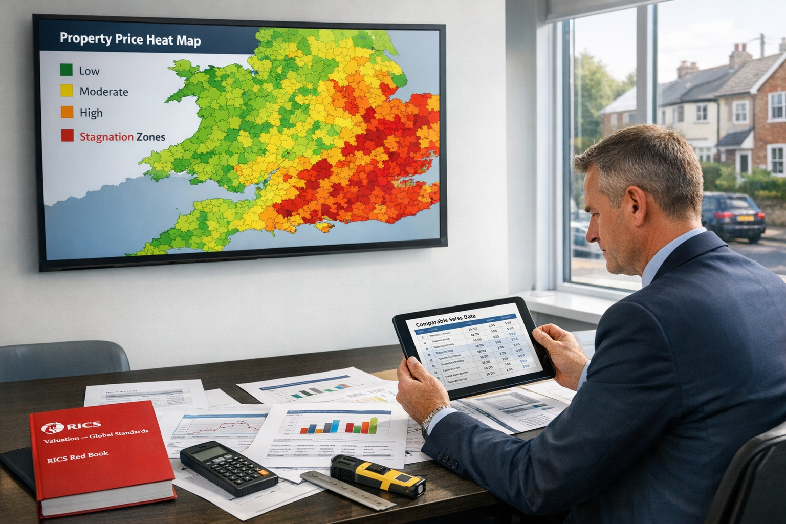 Detailed () image showing professional chartered surveyor in business attire examining property documents and comparable