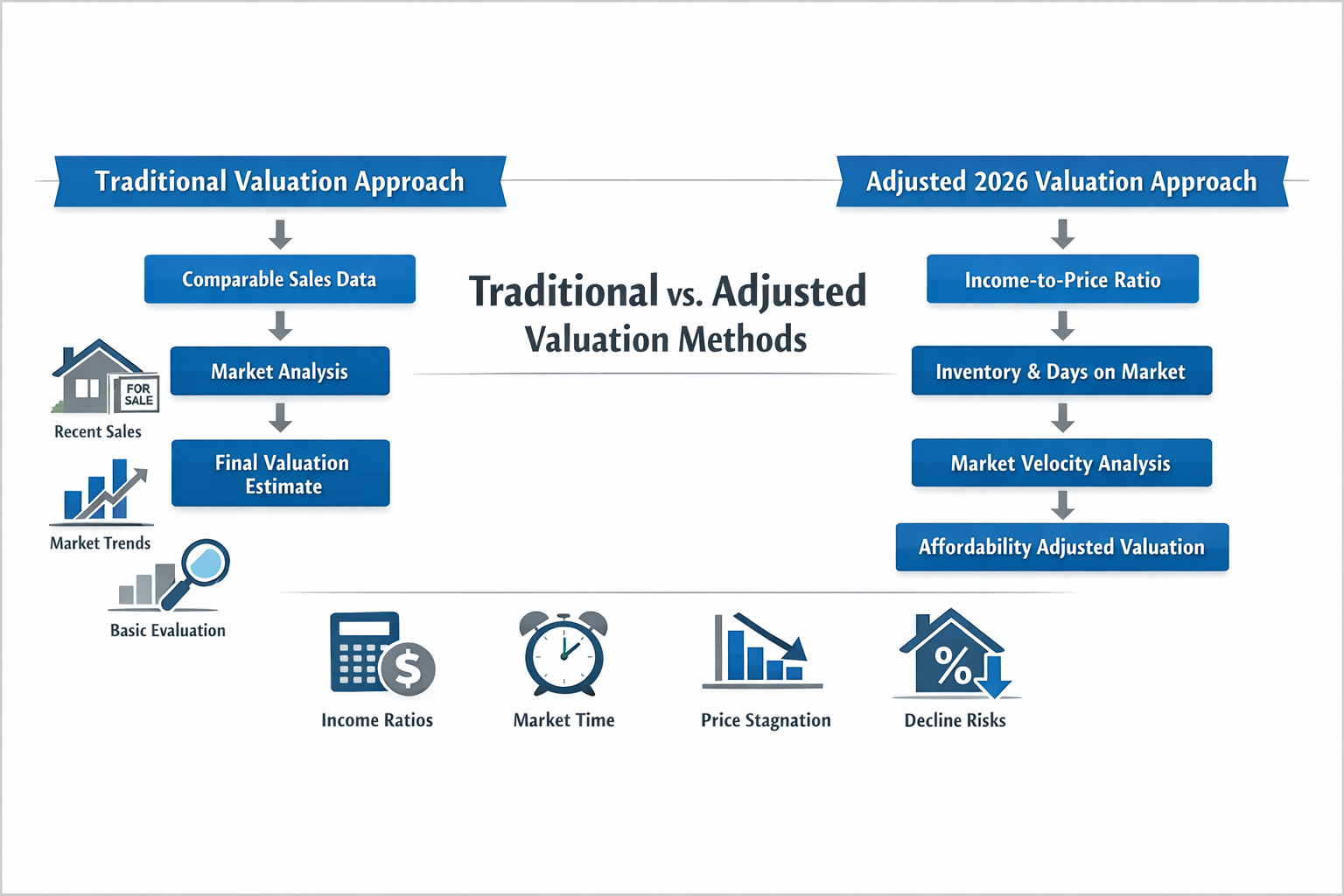 () infographic-style visualization displaying split-screen comparison: left side shows traditional valuation methodology