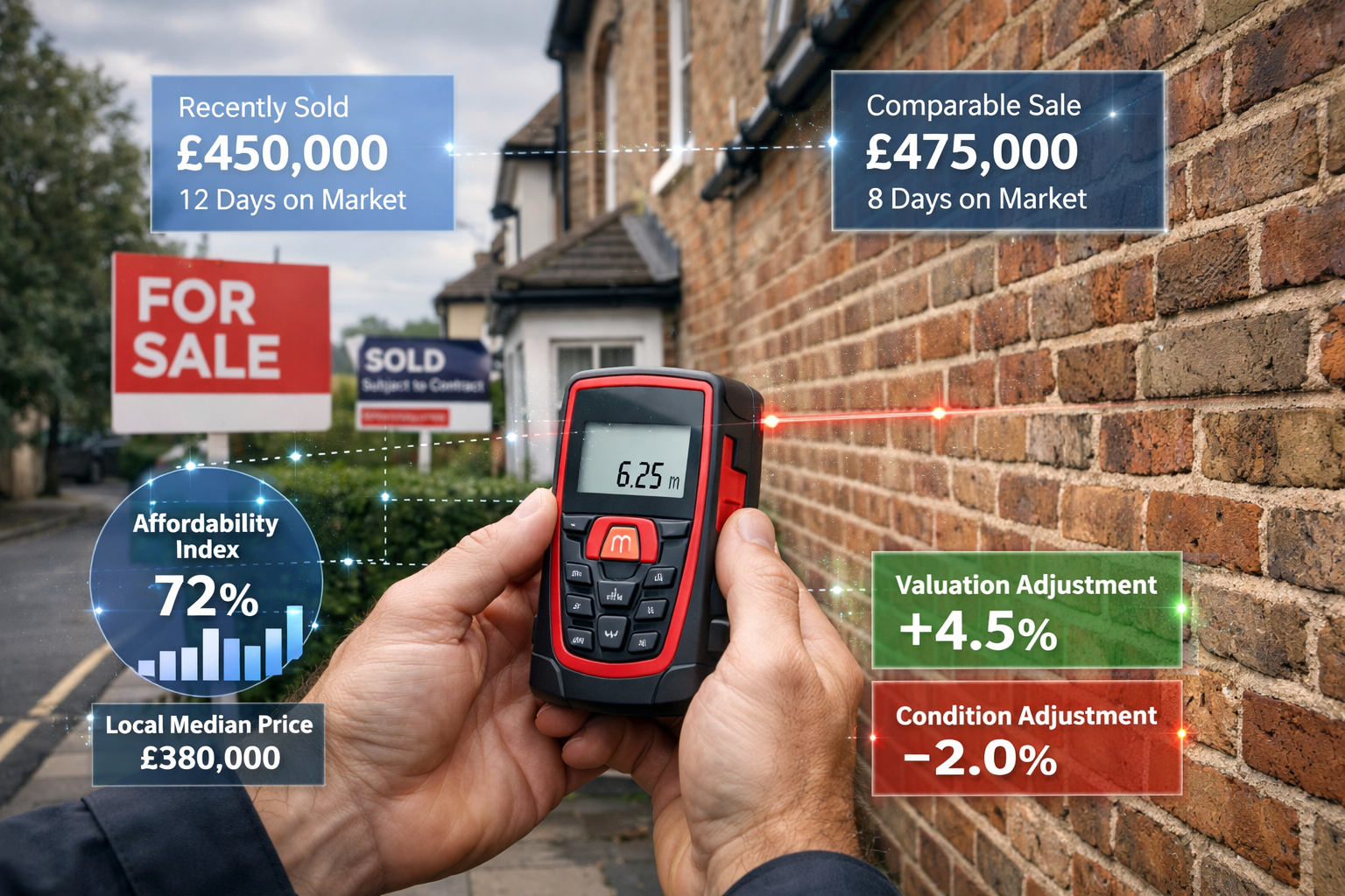 () detailed image of surveyor's hands holding professional measuring laser device pointed at exterior brick wall of typical