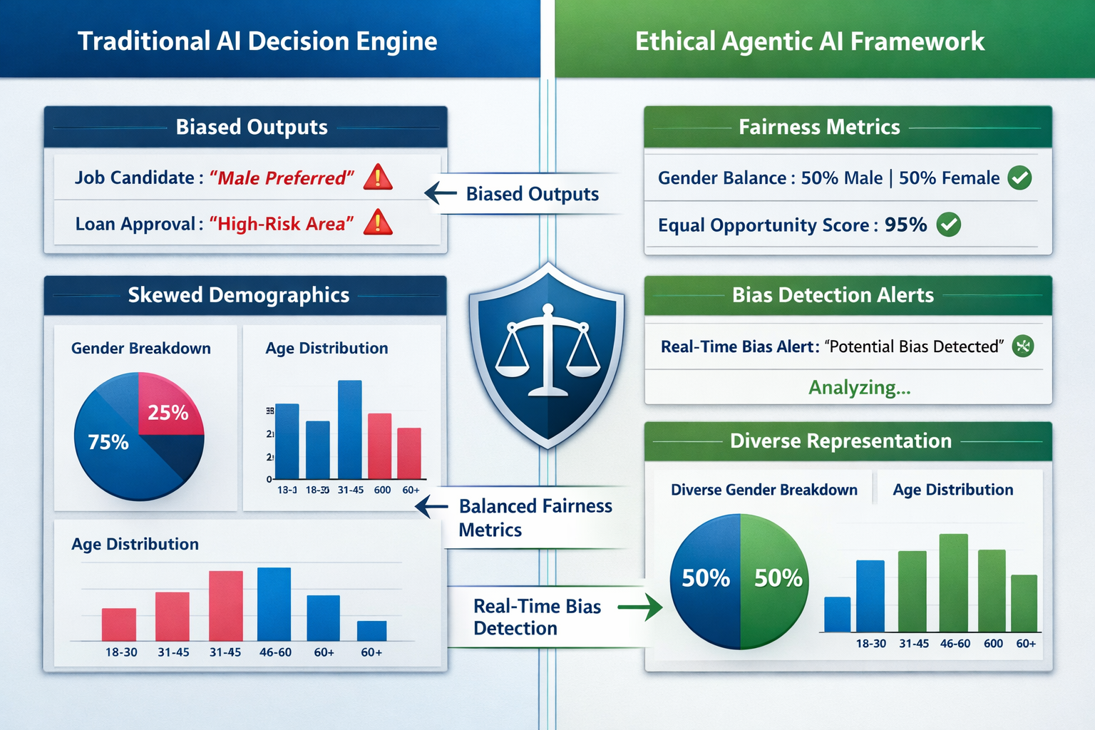 () split-screen illustration showing left side with traditional AI decision engine displaying biased outputs marked with red