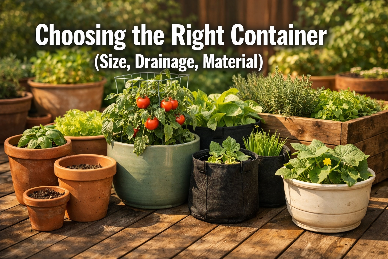 All images must be as if shot with an SLR camera Professional () hero image with 'Choosing the Right Container (Size,