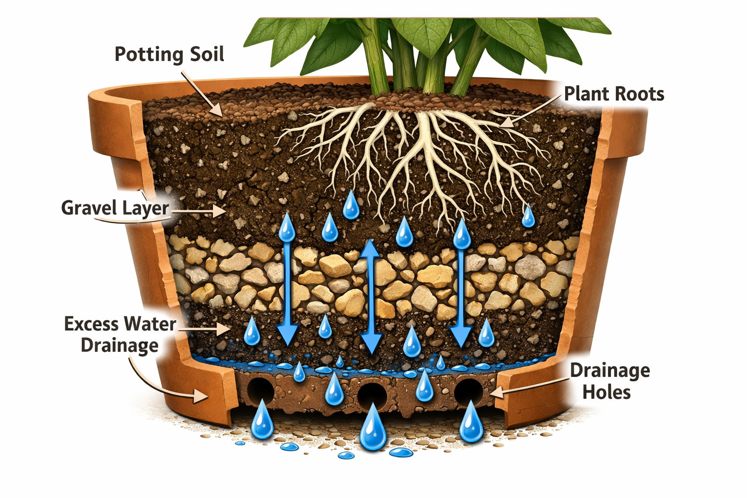All images must be as if shot with an SLR camera Close-up () cross-section view of container showing proper drainage setup.