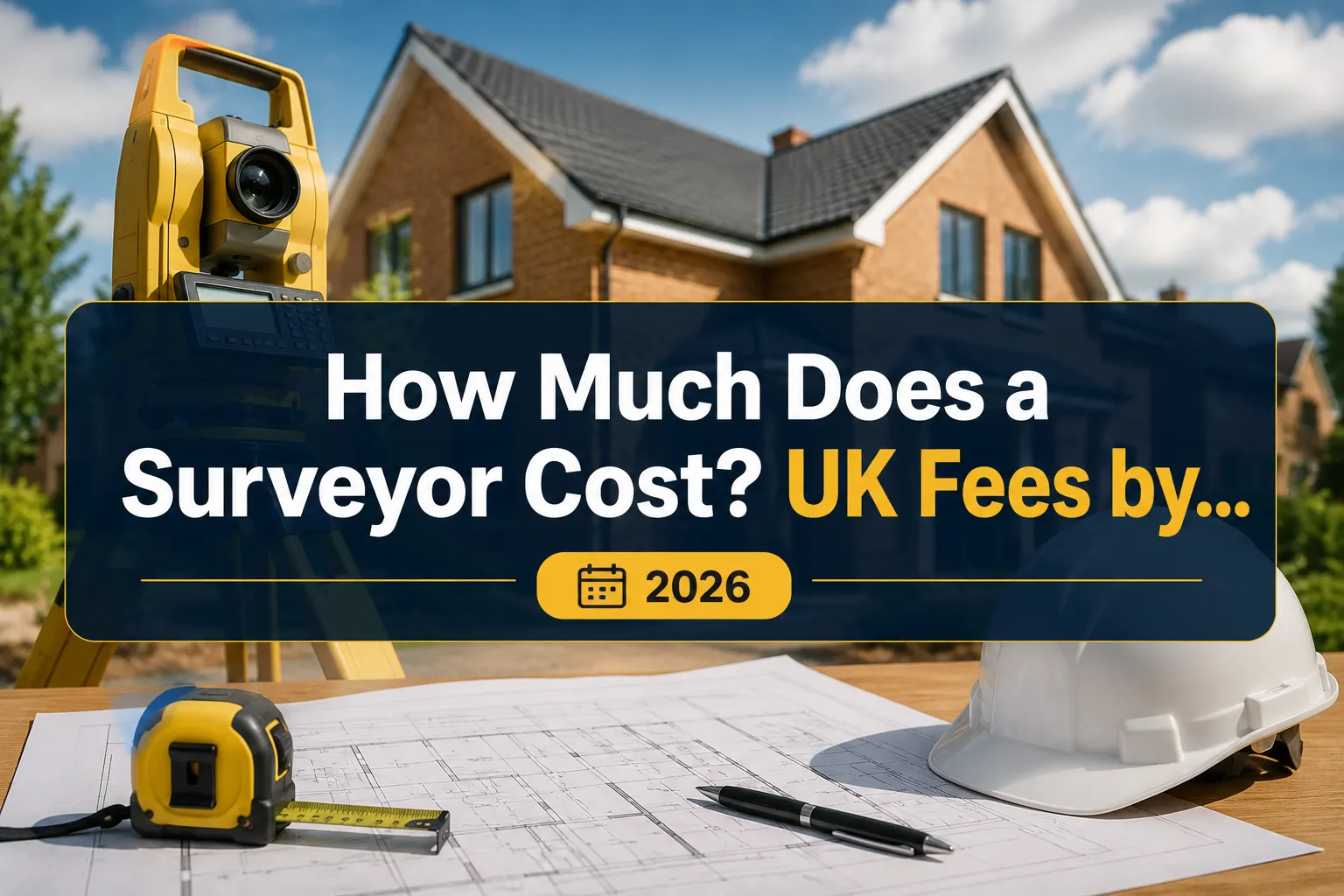 A reading "How Much Does a Surveyor Cost? UK Fees by…". CRITICAL TYPOGRAPHY RULES: render the text on 1–2 lines, centered,