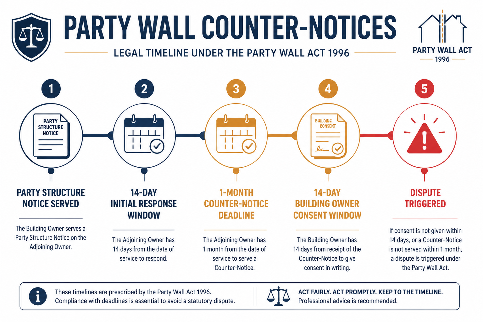Detailed () infographic-style illustration showing a legal timeline flowchart for party wall counter-notices: horizontal