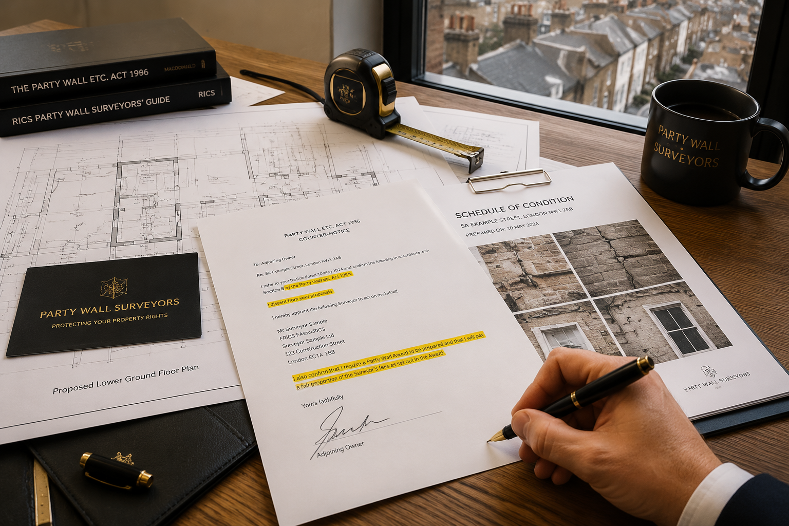 Detailed () editorial image showing a close-up bird's-eye view of a professional party wall surveyor's desk with spread-out