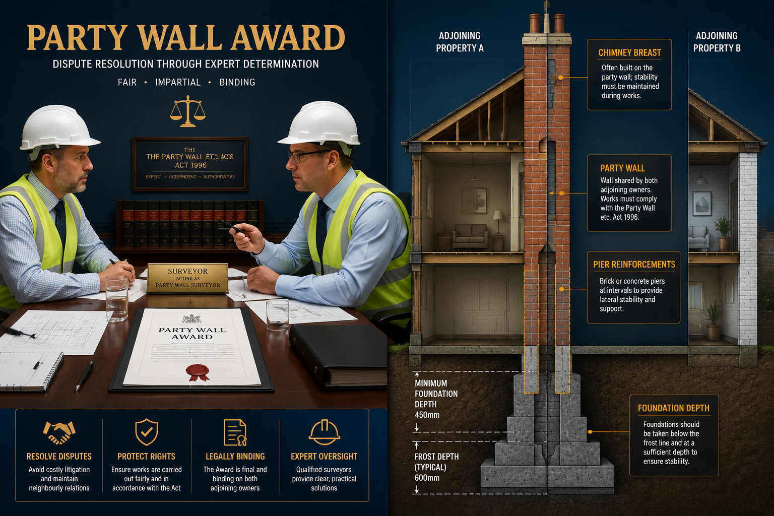 Detailed () conceptual courtroom-meets-construction scene: split composition showing left side a formal legal dispute