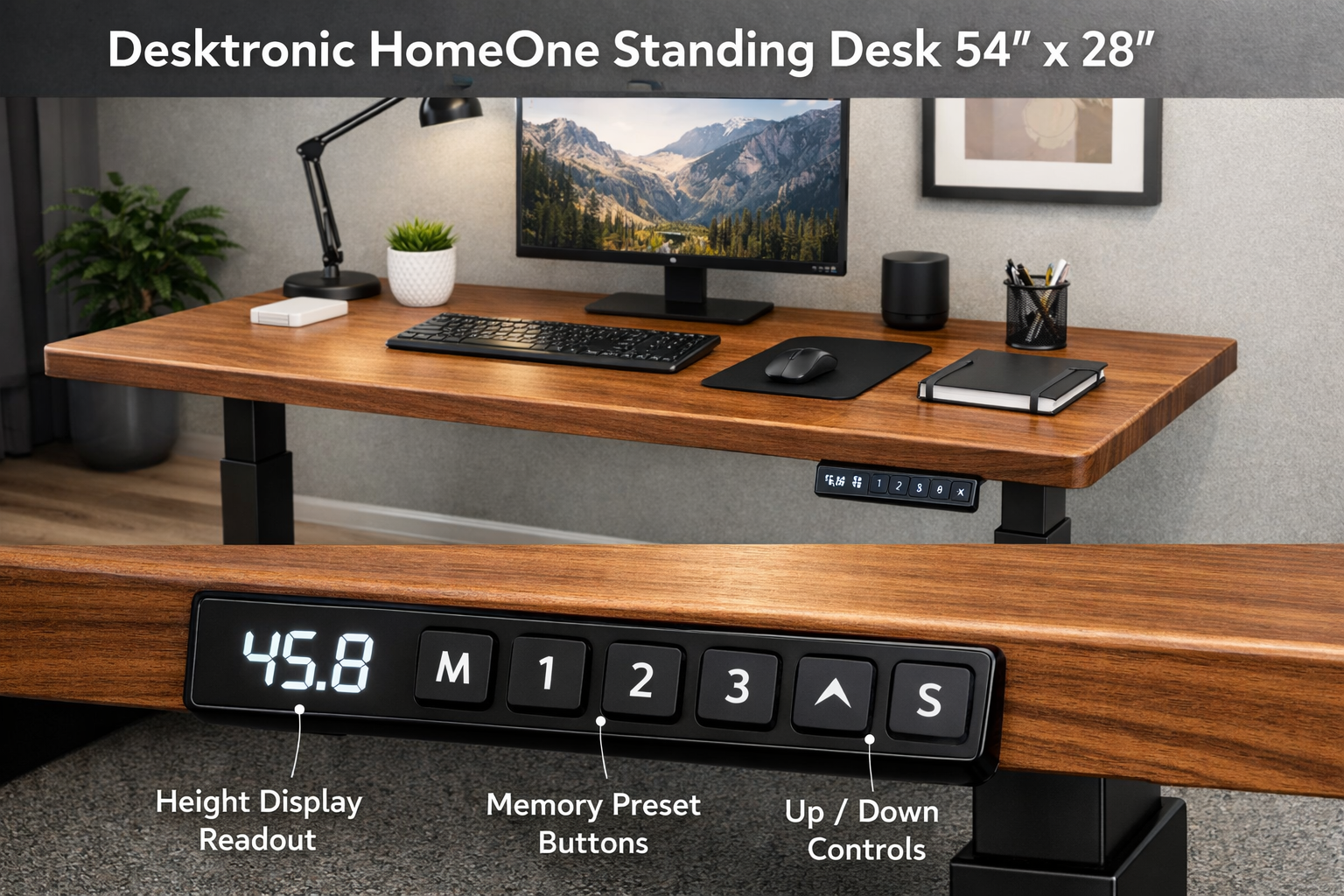 detailed showcase of Desktronic HomeOne Standing Desk 54x28 highlighting its main touchscreen control panel interface with memory preset buttons and height display readout, showing the desk surface and frame in a modern home office setting