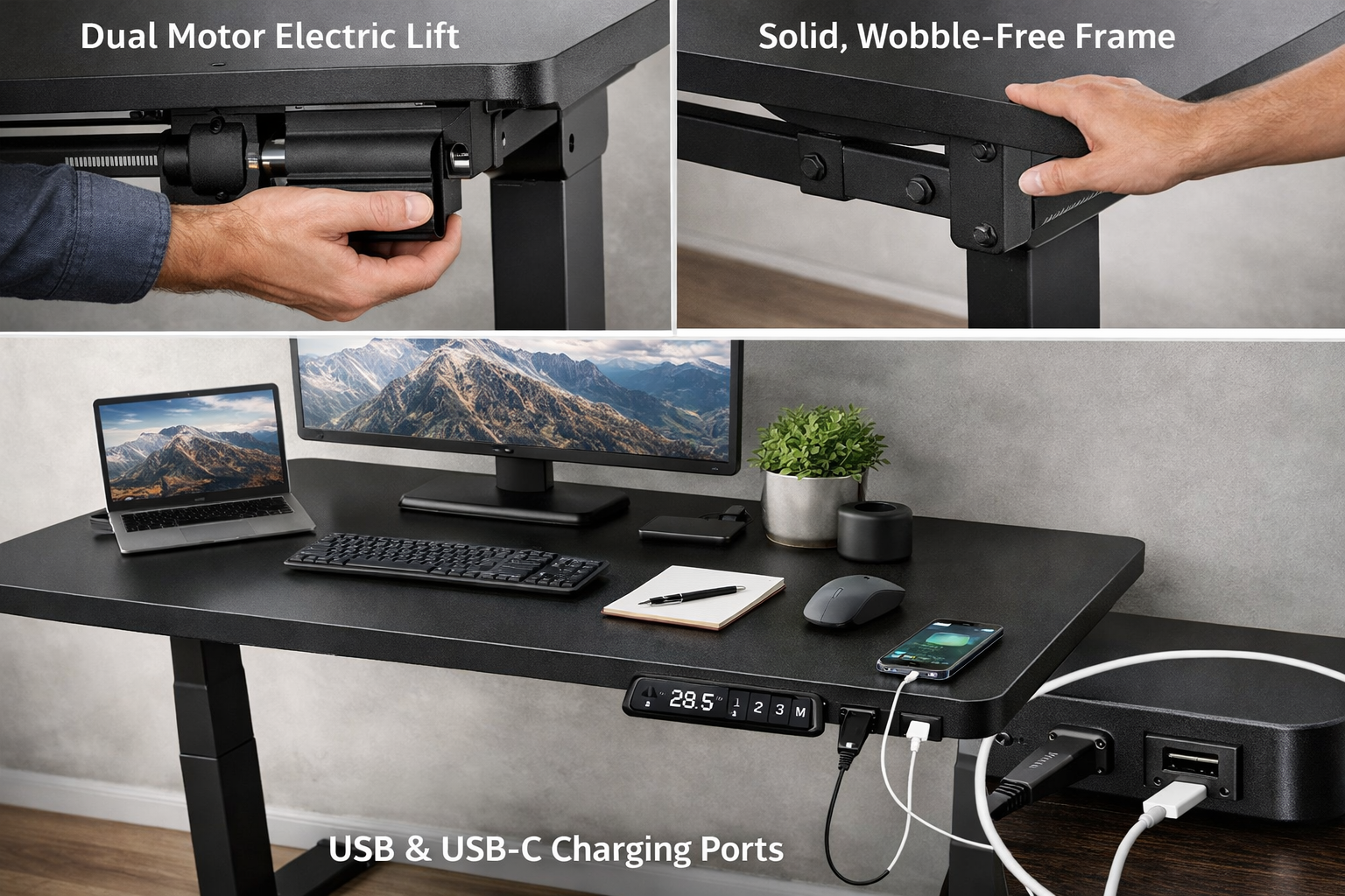 detailed showcase of Desktronic HomeOne Standing Desk 54x28 highlighting key features in action including the dual motor electric lift mechanism, wobble-free frame construction, and USB and USB-C charging port locations on the desk surface
