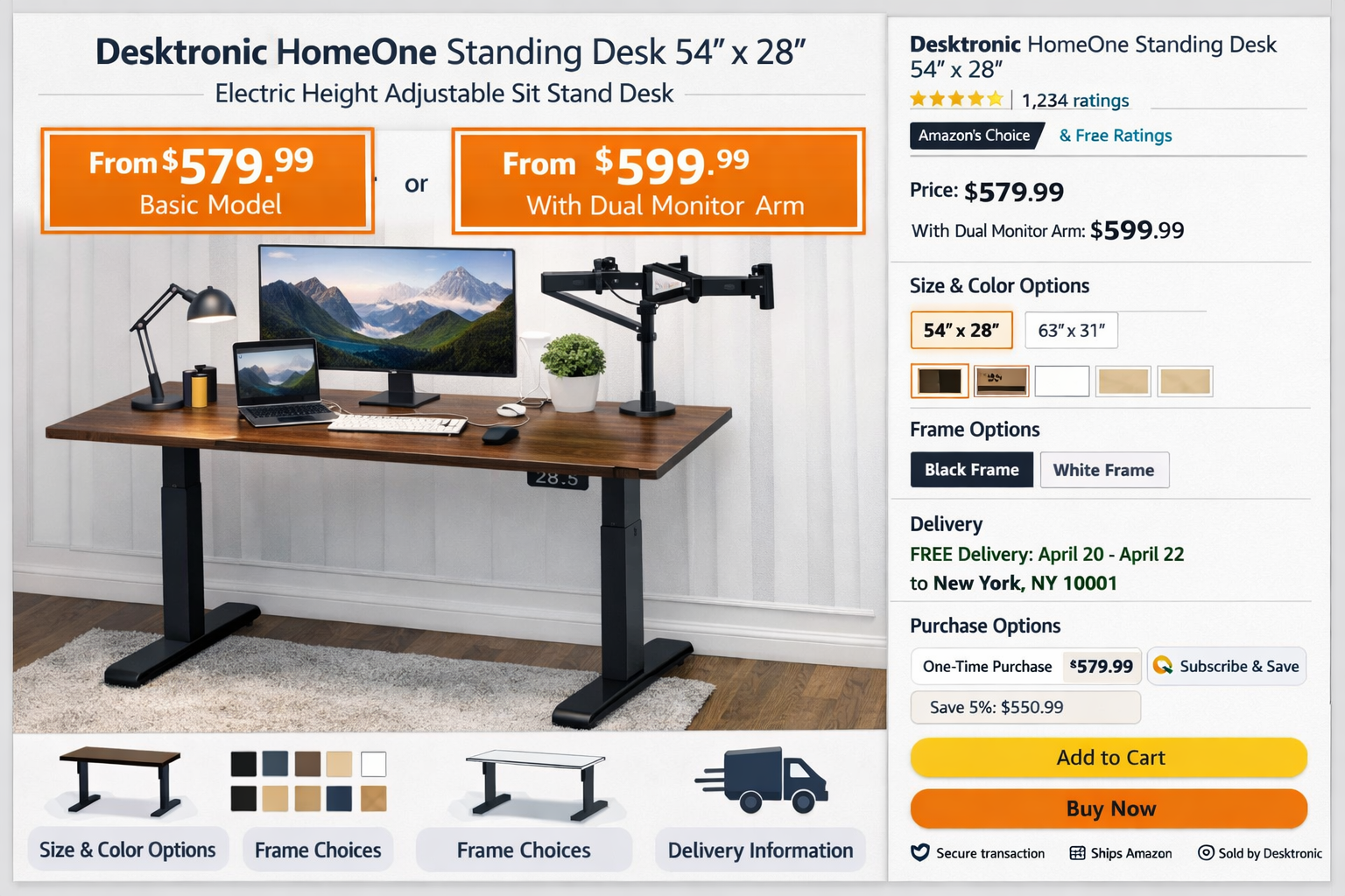 detailed showcase of Desktronic HomeOne Standing Desk 54x28 highlighting the product's Amazon listing pricing options at $579.99 and $599.99, configuration choices, and buying options page layout