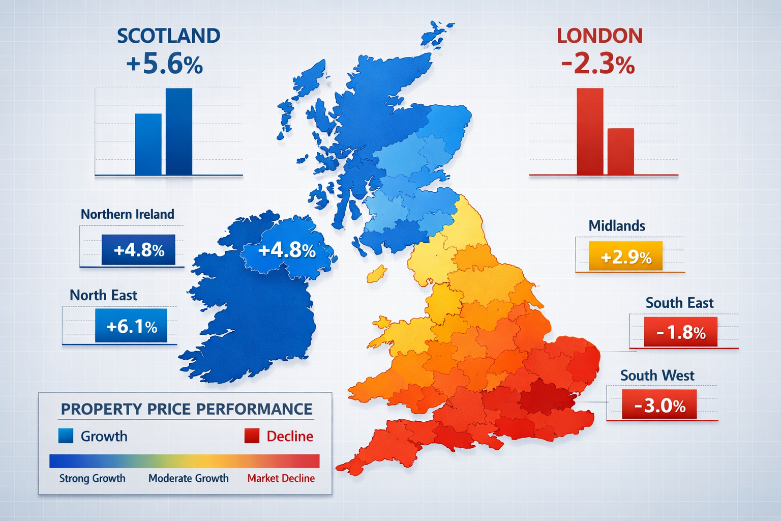 Detailed () illustration showing UK map with color-coded regional heat map displaying property price performance gradients