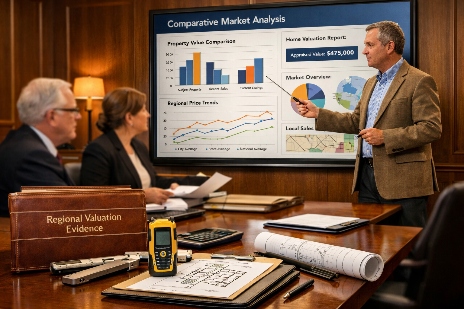 () professional courtroom or legal consultation scene showing expert witness surveyor presenting evidence on large digital