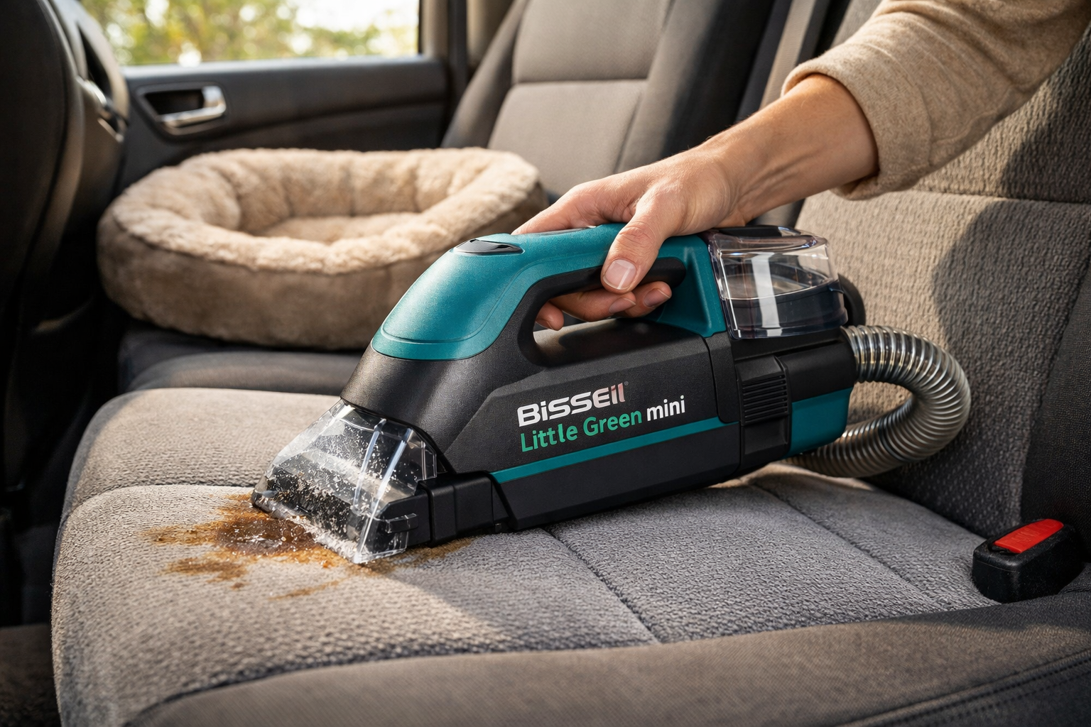 Bissell Little Green Mini Detailed landscape format (1536x1024) lifestyle scene showing the Bissell Little Green Mini cordless version being used on car upholstery interior, with a person's hand holding the compact machine over a stained car seat. The scene is shot from a low side angle inside a vehicle with natural light streaming through the window. A dog bed and staircase are visible in the background suggesting multi-surface versatility. Warm natural tones with teal accent from the machine, realistic lifestyle photography, editorial quality, high detail. Bissell Little Green Mini