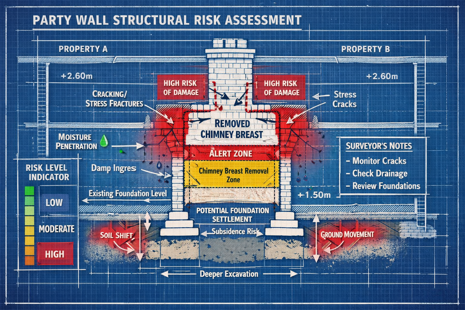 Detailed () technical illustration showing party wall structural risk assessment diagram with labeled cross-section of