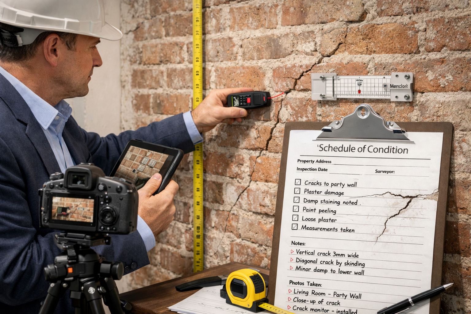 Professional () scene showing party wall surveyor conducting pre-construction inspection and documentation process, surveyor