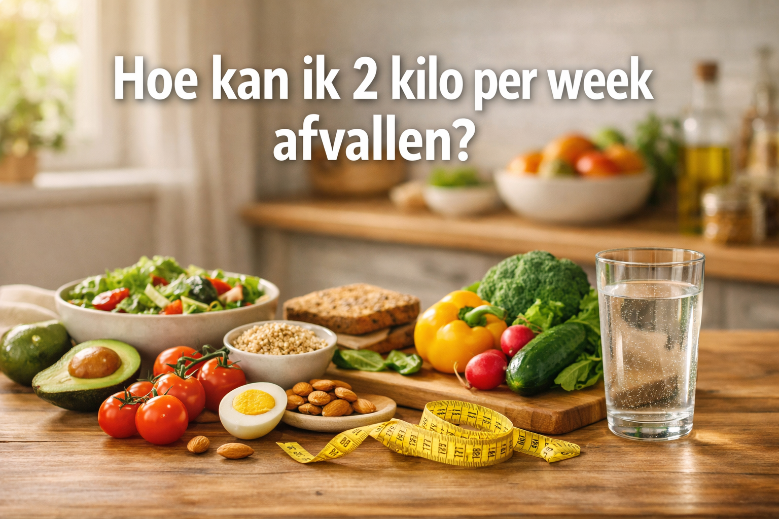 Professional landscape hero image (1536x1024) featuring bold text overlay 'Hoe kan ik 2 kilo per week afvallen?' in extra large 72pt white s