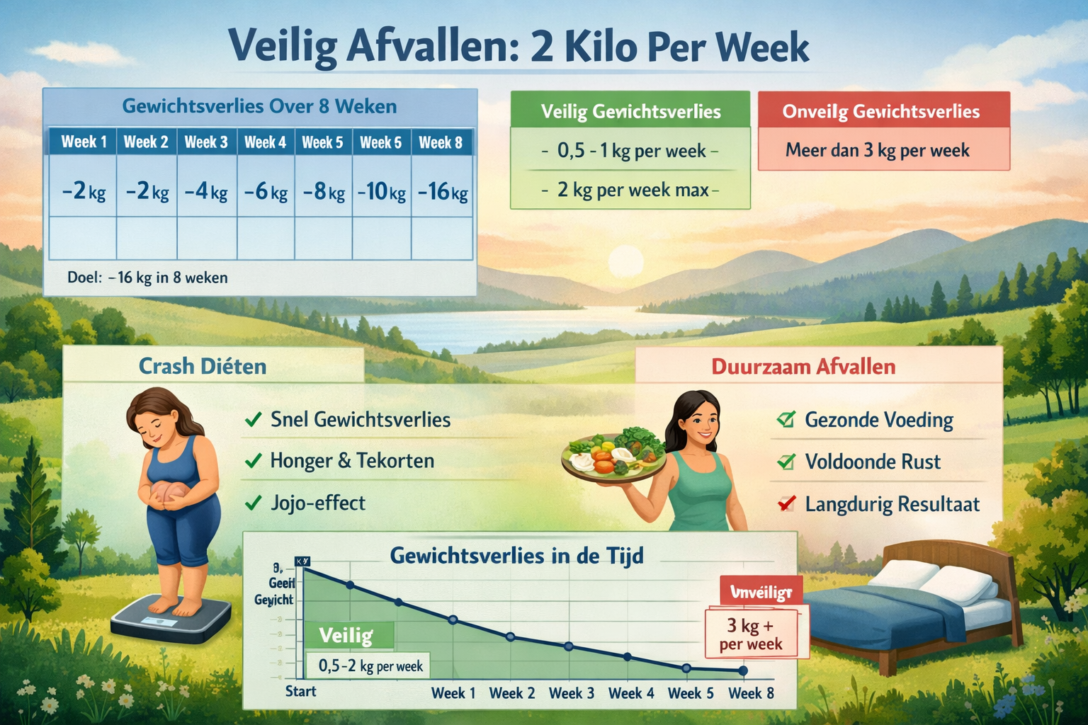Detailed landscape infographic (1536x1024) showing realistic weekly weight loss timeline with visual calendar grid displaying 2 kilo per wee